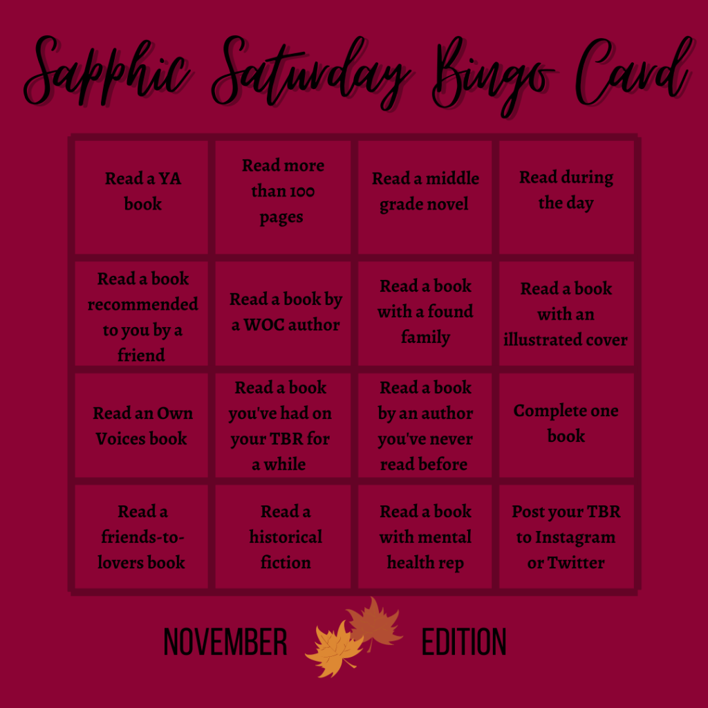 Sapphic Saturday maroon 4x4 bingo card with dark burgundy lines and black text. 
